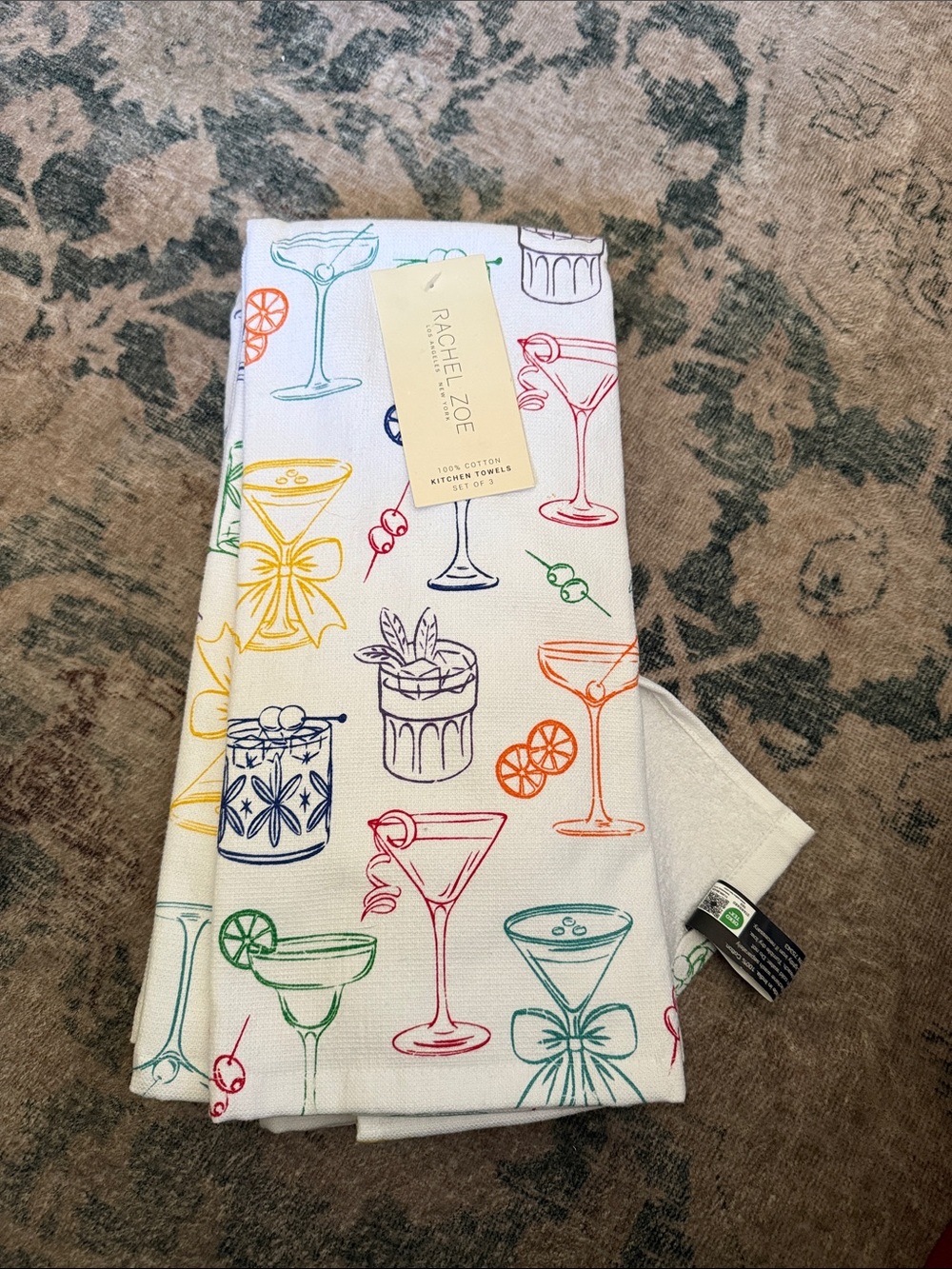 Rachel Zoe Rainbow Cocktail Cotton Kitchen Towels set of 3 NWT